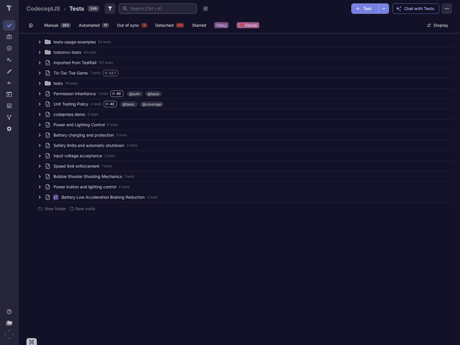 A CodeceptJS test-management screen as a person sees it