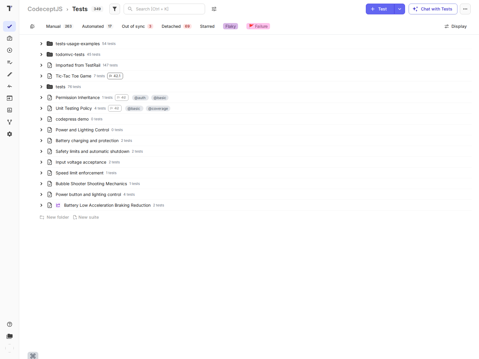 A CodeceptJS test-management screen as a person sees it
