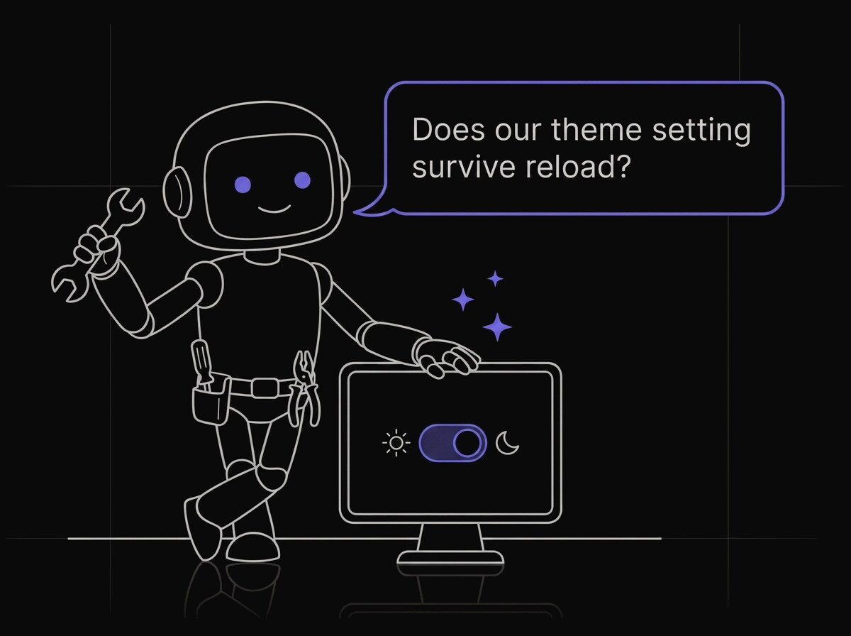 The same cartoon robot builder asking whether the theme setting survives a reload, dark theme