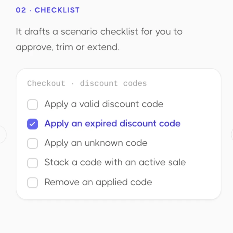 A generated test checklist, ready to approve.