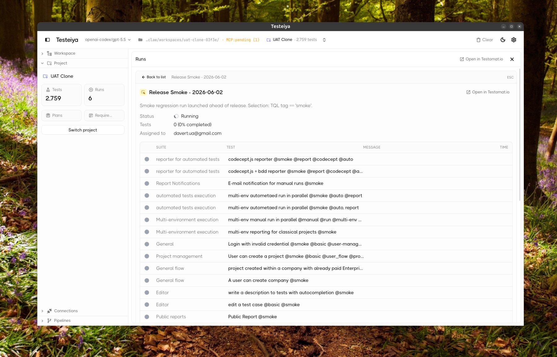Testeiya showing a live Testomat.io run — Release Smoke - 2026-06-02 — with status, assigned tester and the list of suites and test cases, plus an Open in Testomat.io link.