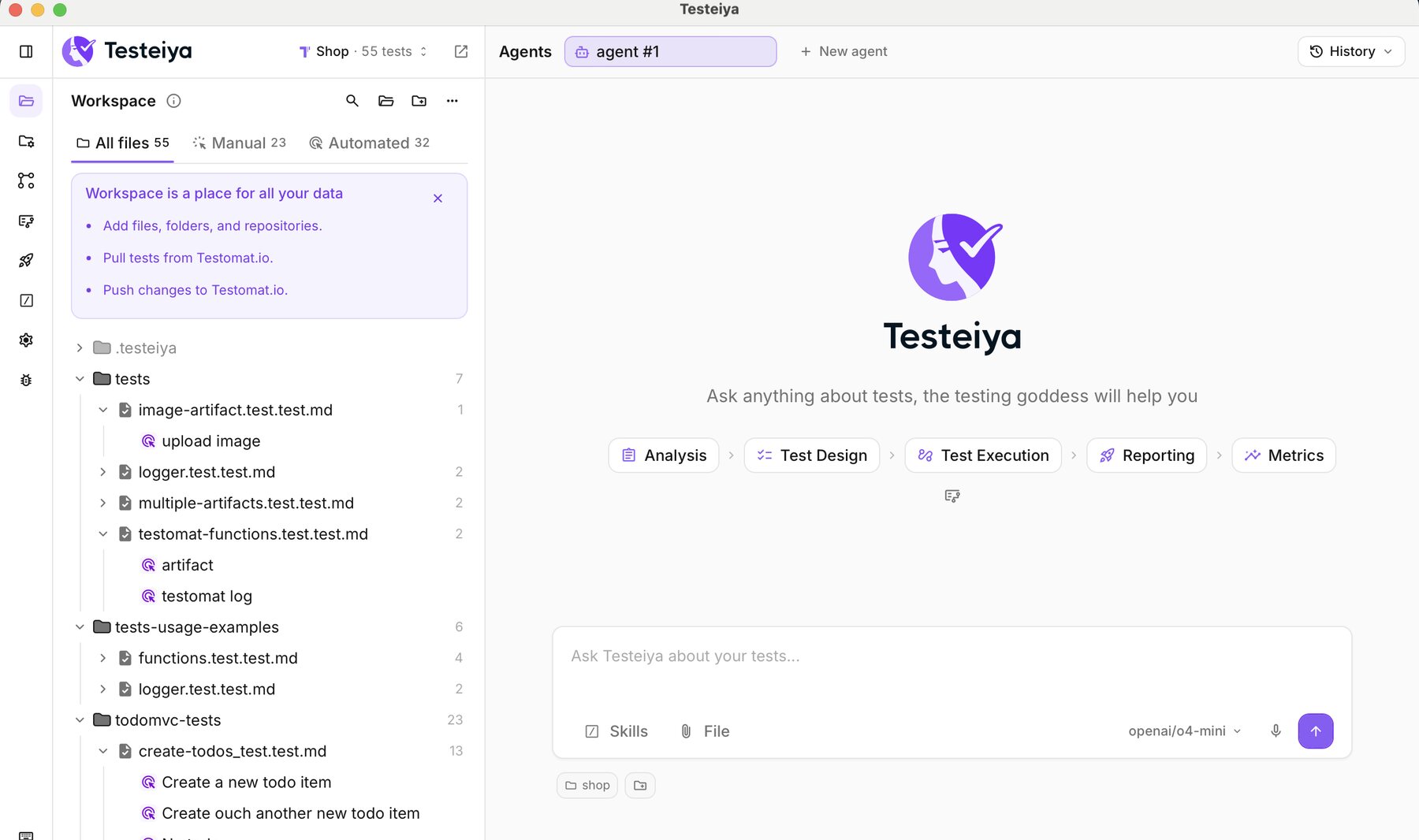 The Testeiya desktop app: test workspace on the left, the QA agent chat with testing workflows on the right.
