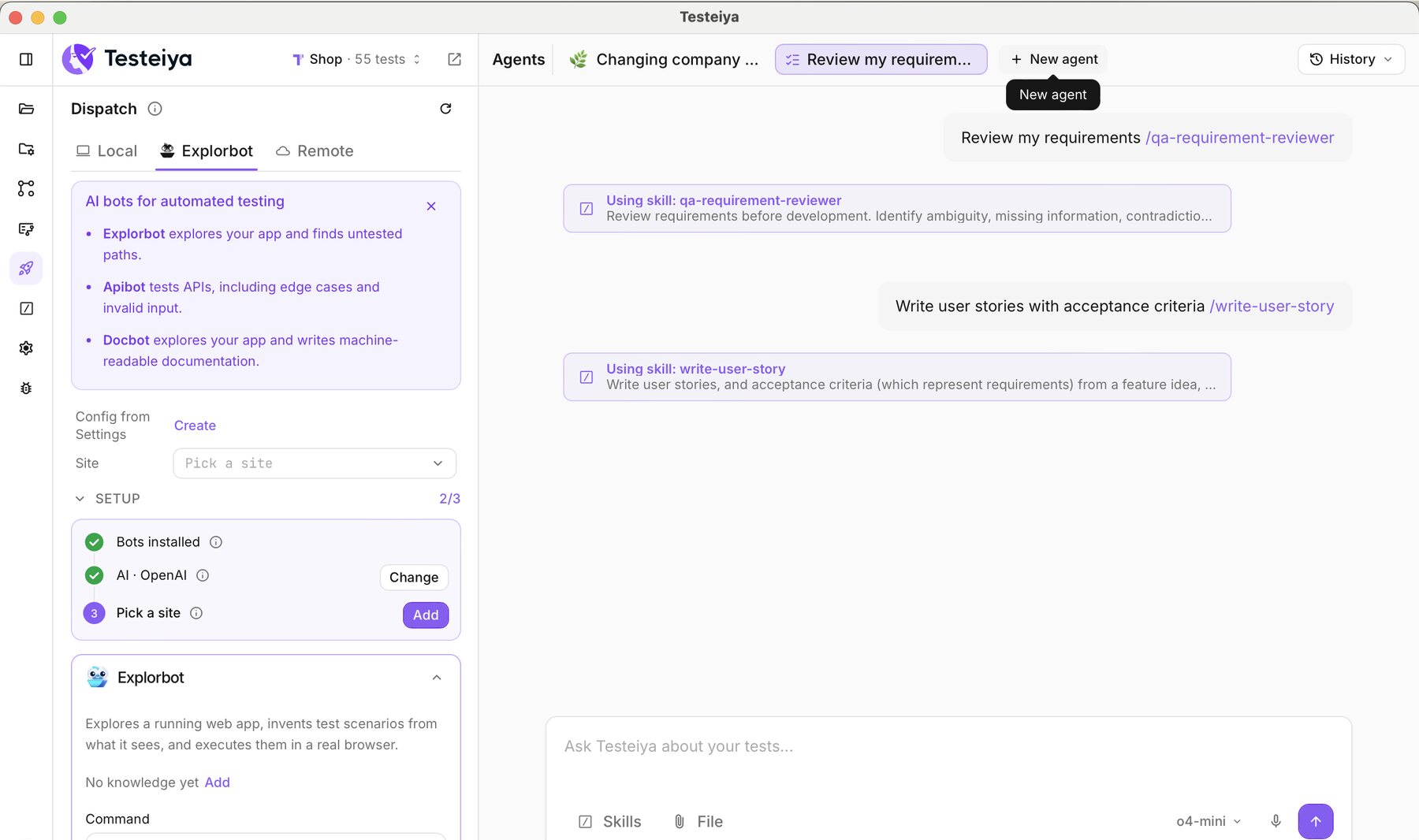 The Dispatch section with Local, Explorbot and Remote tabs, a three-step bot setup checklist and the Explorbot explore command.