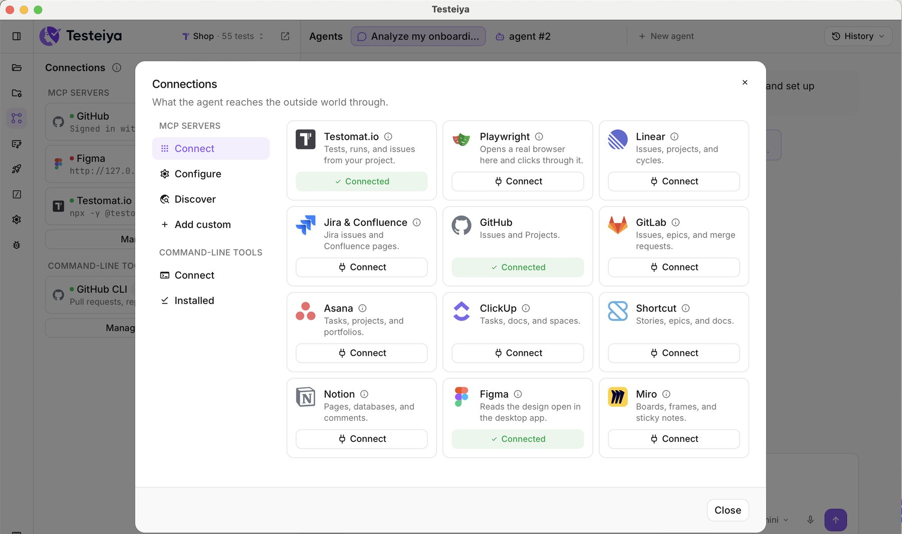 The Connections dialog with MCP servers for Testomat.io, Playwright, Linear, Jira and Confluence, GitHub, GitLab, Asana, ClickUp, Shortcut, Notion, Figma and Miro.