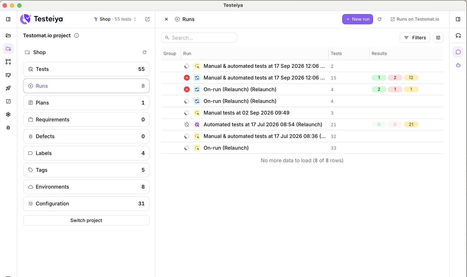 The Testomat.io project in Testeiya: Tests, Runs, Plans, Requirements, Defects and other sections in the sidebar, and the Runs data grid with results per run.