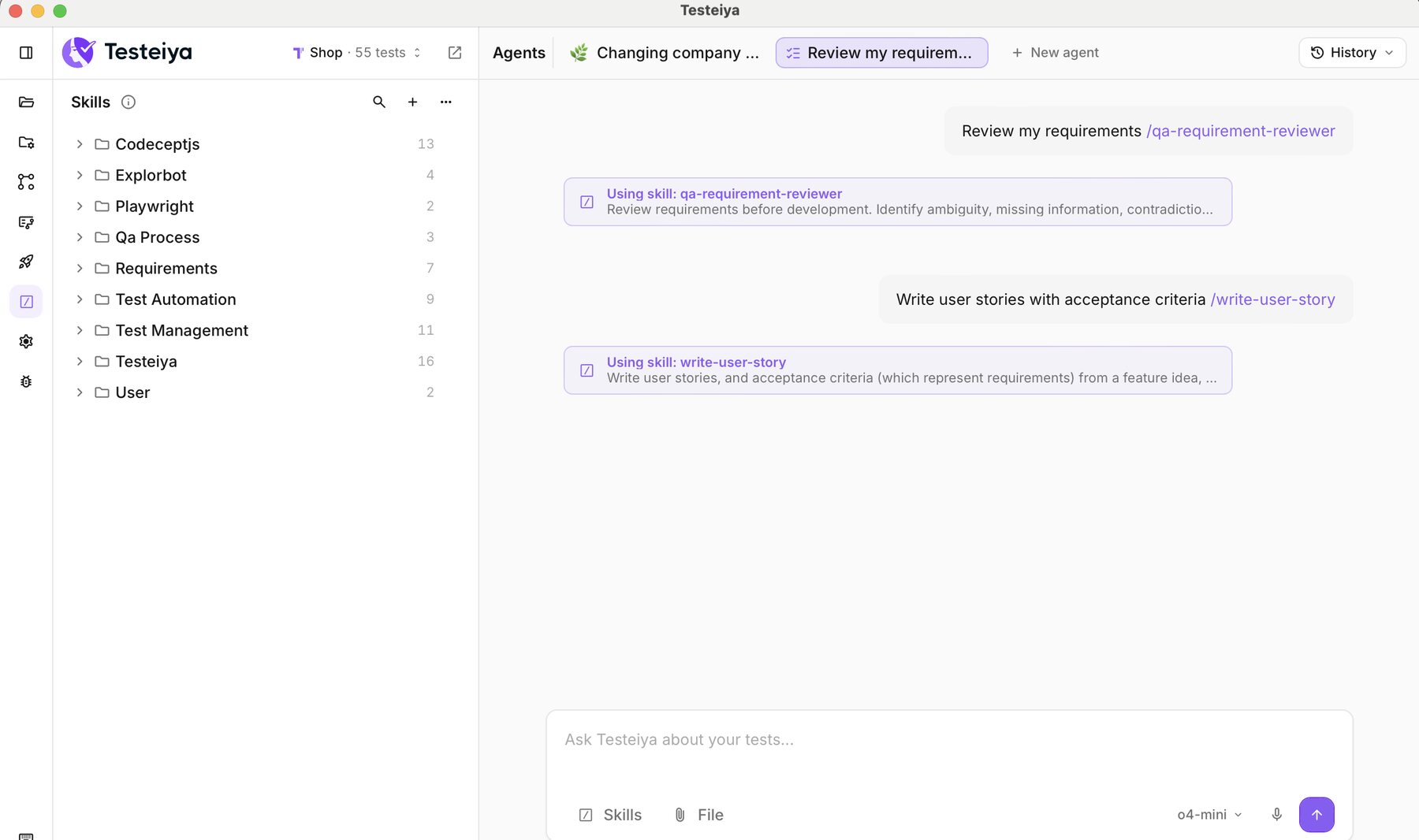 The Skills section listing skill groups: CodeceptJS, Explorbot, Playwright, QA Process, Requirements, Test Automation, Test Management and Testeiya, next to a chat using the requirement reviewer skill.