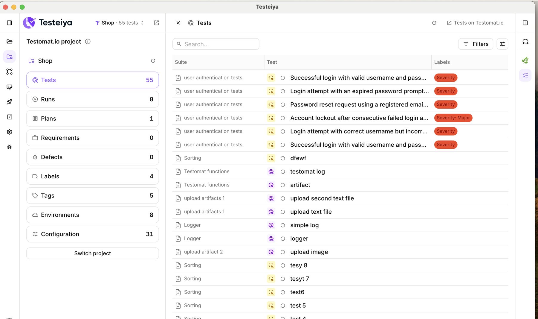 The Testomat.io project section with counters for tests, runs, plans, requirements and defects, and a table of test cases with suites and severity labels.
