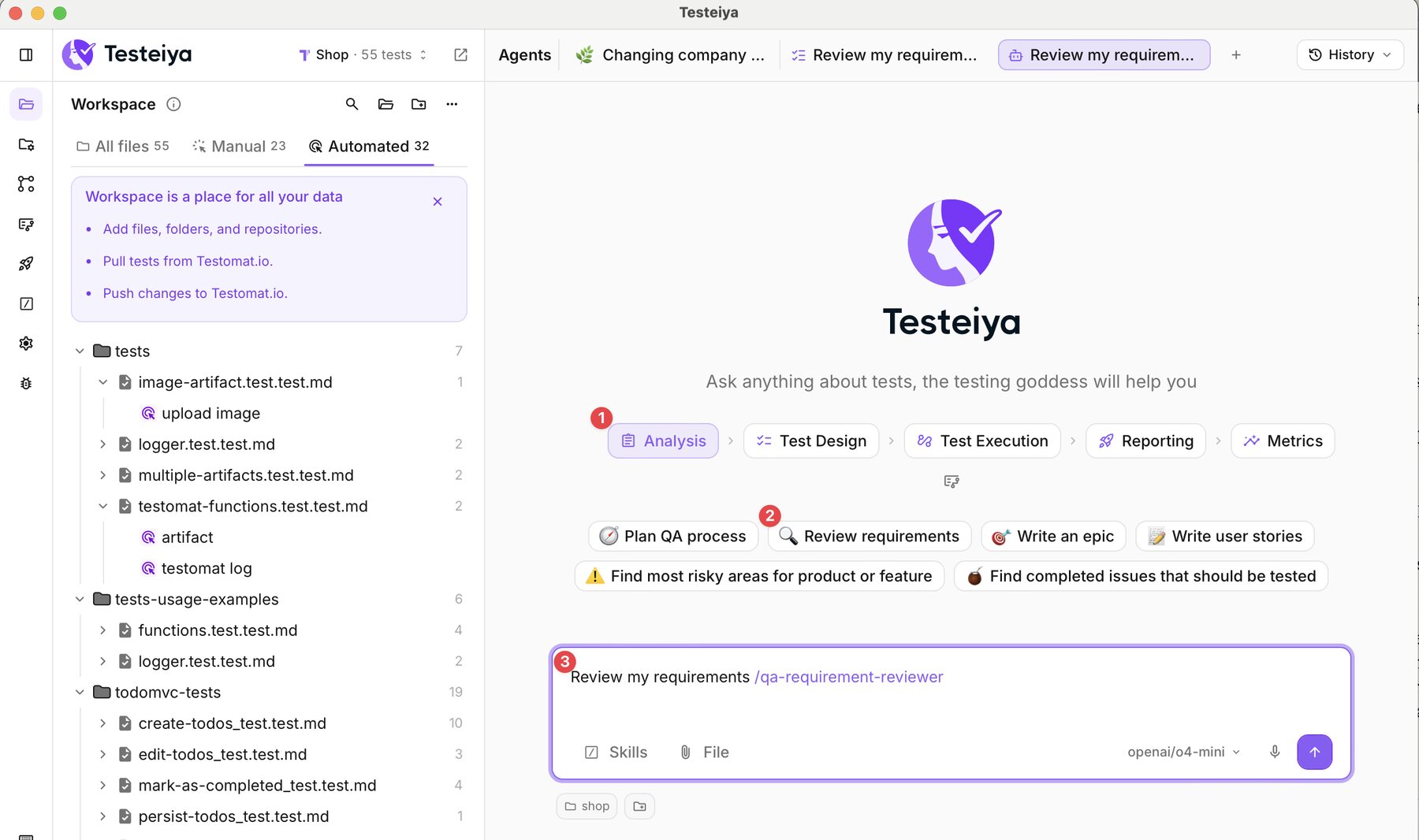 Three numbered steps in the Testeiya chat: choose the Analysis stage, choose Review requirements, and the prompt box is filled with the requirement reviewer skill.