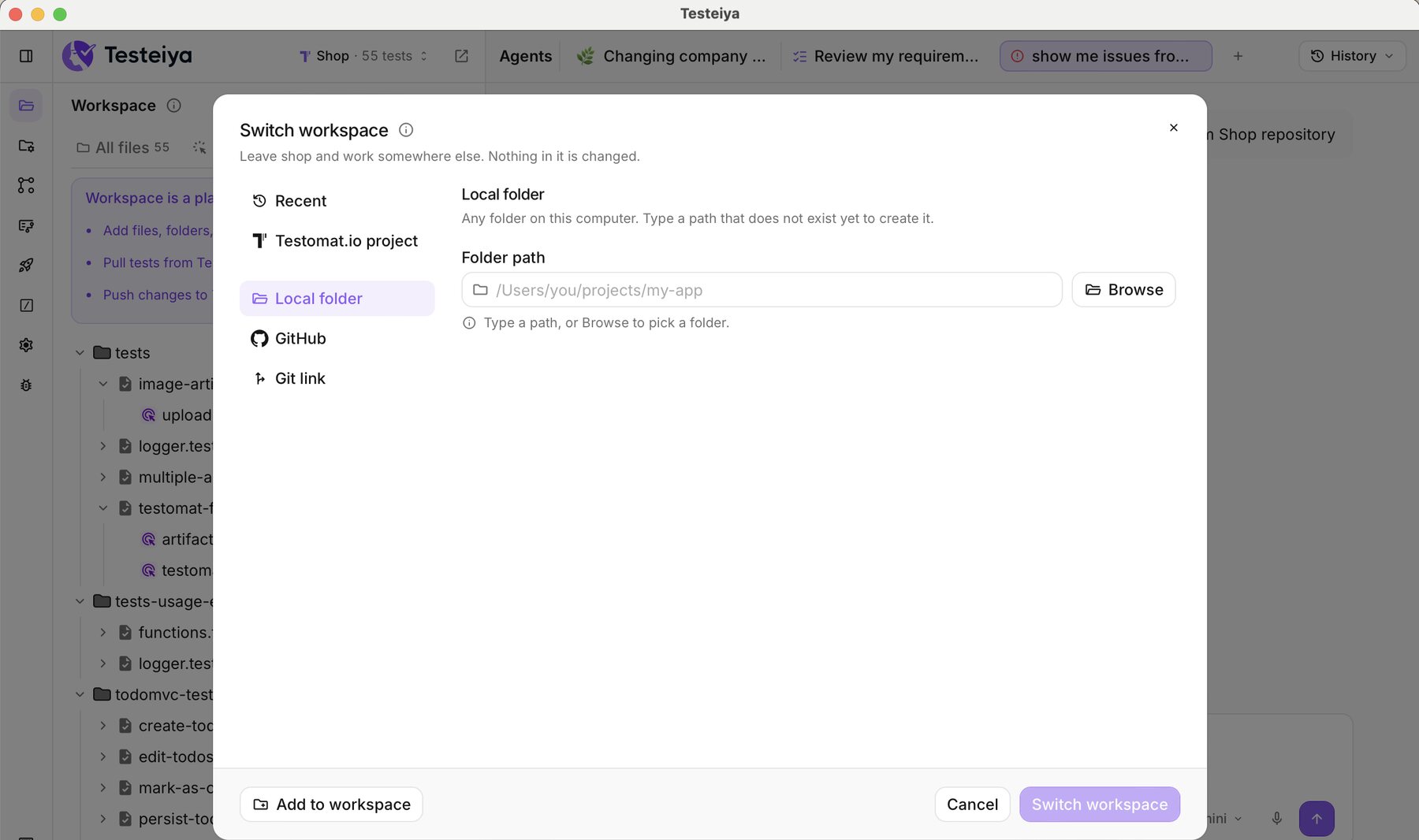 The Switch workspace dialog with Recent, Testomat.io project, Local folder, GitHub and Git link options.